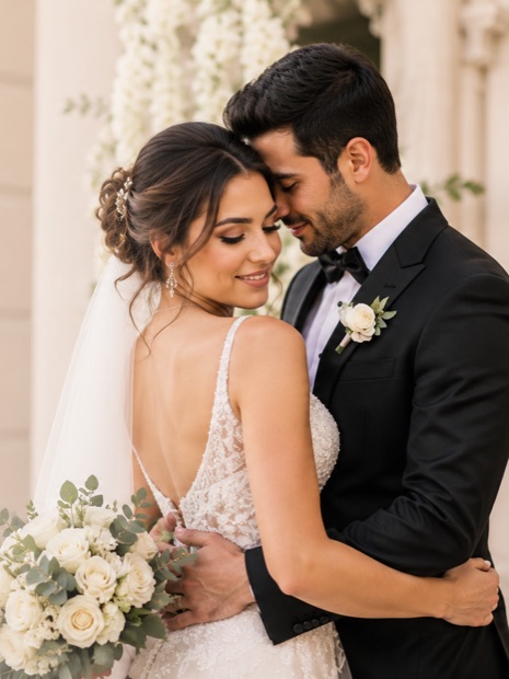 Novia con peinado recogido junto al novio